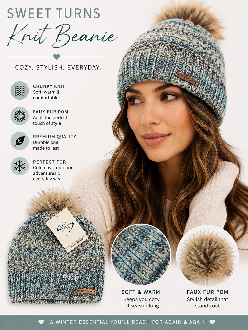 Women's Chunky Knit Beanie with Faux Fur Pom - Blue Mix